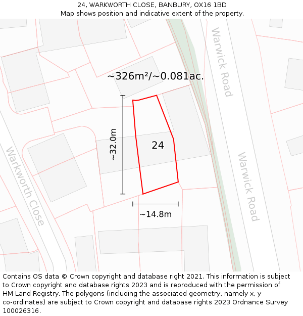 24, WARKWORTH CLOSE, BANBURY, OX16 1BD: Plot and title map