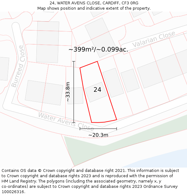 24, WATER AVENS CLOSE, CARDIFF, CF3 0RG: Plot and title map