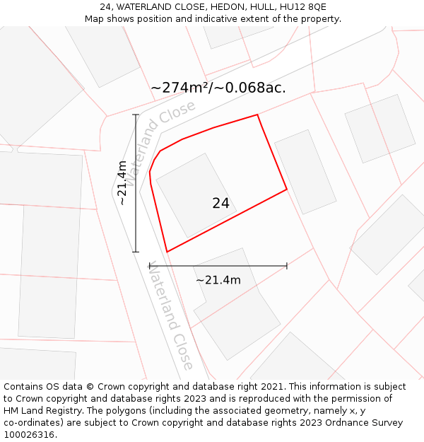 24, WATERLAND CLOSE, HEDON, HULL, HU12 8QE: Plot and title map