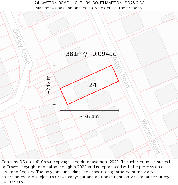 24, WATTON ROAD, HOLBURY, SOUTHAMPTON, SO45 2LW: Plot and title map