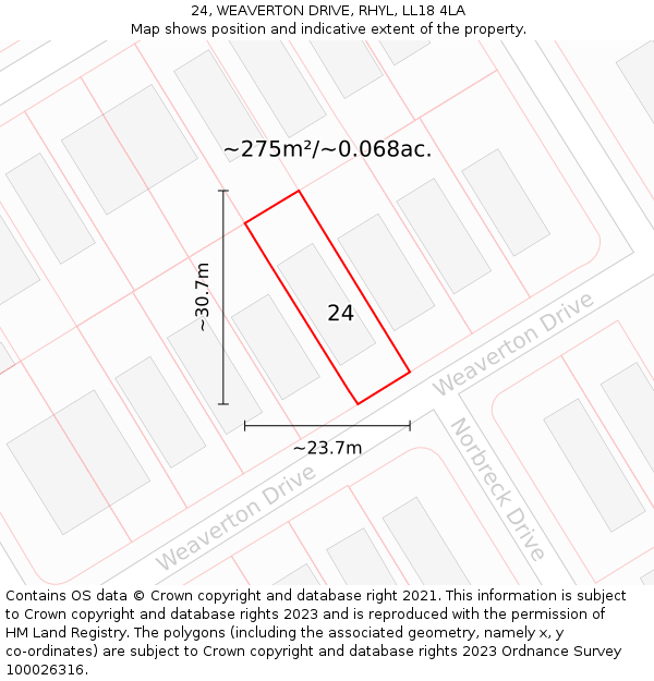 24, WEAVERTON DRIVE, RHYL, LL18 4LA: Plot and title map