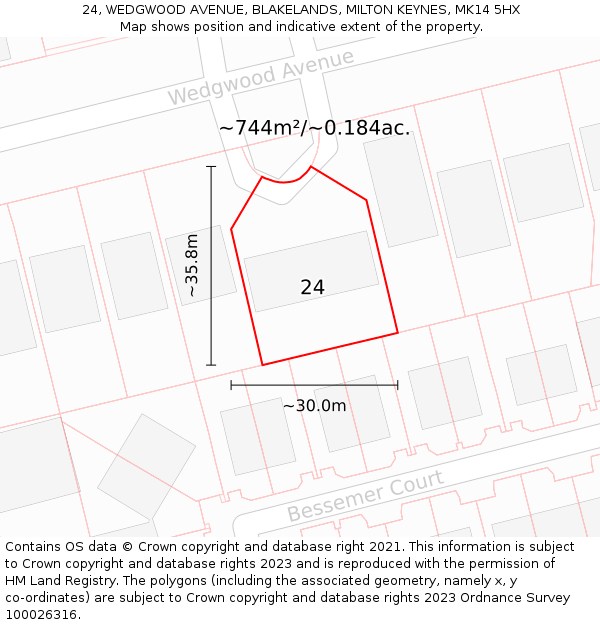 24, WEDGWOOD AVENUE, BLAKELANDS, MILTON KEYNES, MK14 5HX: Plot and title map