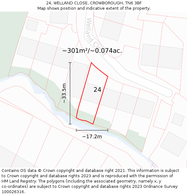 24, WELLAND CLOSE, CROWBOROUGH, TN6 3BF: Plot and title map