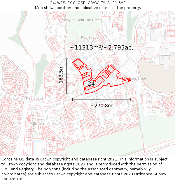 24, WESLEY CLOSE, CRAWLEY, RH11 6AE: Plot and title map