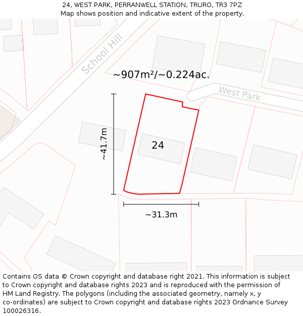 24, WEST PARK, PERRANWELL STATION, TRURO, TR3 7PZ: Plot and title map