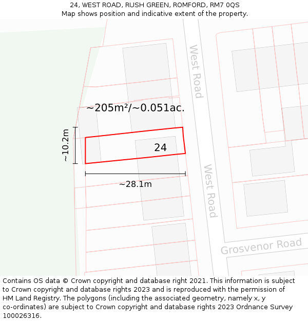 24, WEST ROAD, RUSH GREEN, ROMFORD, RM7 0QS: Plot and title map