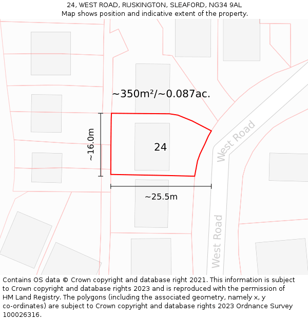 24, WEST ROAD, RUSKINGTON, SLEAFORD, NG34 9AL: Plot and title map