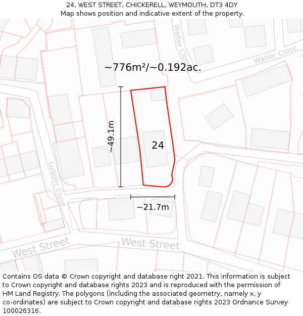 24, WEST STREET, CHICKERELL, WEYMOUTH, DT3 4DY: Plot and title map