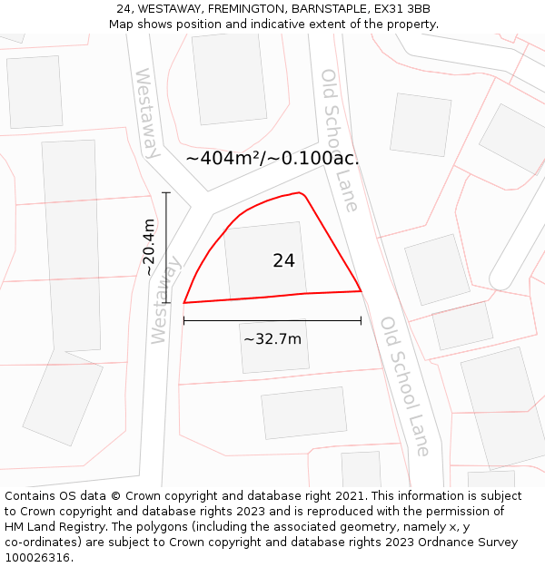 24, WESTAWAY, FREMINGTON, BARNSTAPLE, EX31 3BB: Plot and title map