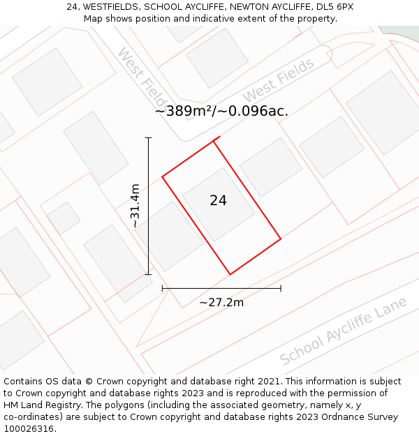 24, WESTFIELDS, SCHOOL AYCLIFFE, NEWTON AYCLIFFE, DL5 6PX: Plot and title map