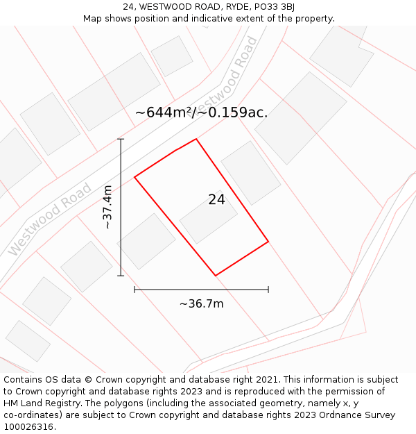 24, WESTWOOD ROAD, RYDE, PO33 3BJ: Plot and title map