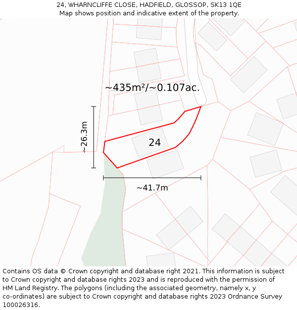 24, WHARNCLIFFE CLOSE, HADFIELD, GLOSSOP, SK13 1QE: Plot and title map