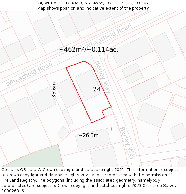 24, WHEATFIELD ROAD, STANWAY, COLCHESTER, CO3 0YJ: Plot and title map