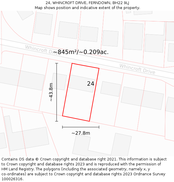 24, WHINCROFT DRIVE, FERNDOWN, BH22 9LJ: Plot and title map