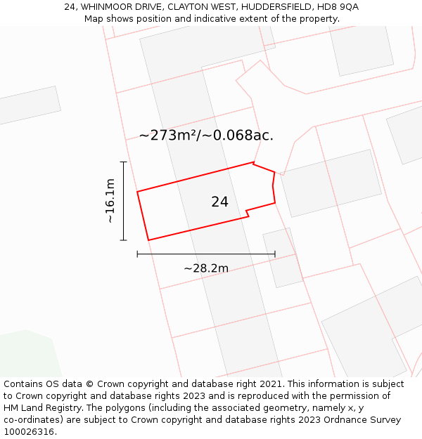 24, WHINMOOR DRIVE, CLAYTON WEST, HUDDERSFIELD, HD8 9QA: Plot and title map