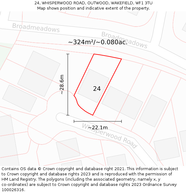 24, WHISPERWOOD ROAD, OUTWOOD, WAKEFIELD, WF1 3TU: Plot and title map