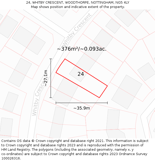 24, WHITBY CRESCENT, WOODTHORPE, NOTTINGHAM, NG5 4LY: Plot and title map