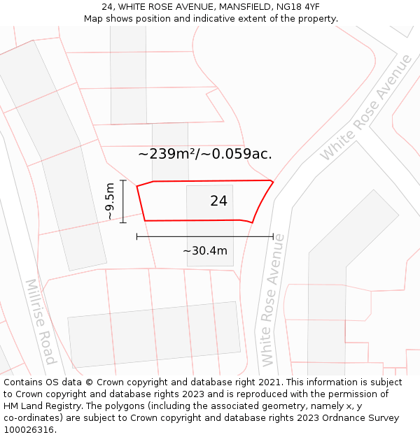 24, WHITE ROSE AVENUE, MANSFIELD, NG18 4YF: Plot and title map