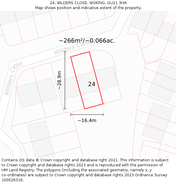 24, WILDERS CLOSE, WOKING, GU21 3HA: Plot and title map