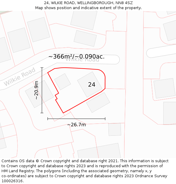 24, WILKIE ROAD, WELLINGBOROUGH, NN8 4SZ: Plot and title map