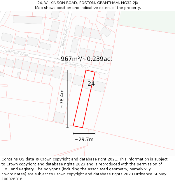 24, WILKINSON ROAD, FOSTON, GRANTHAM, NG32 2JX: Plot and title map