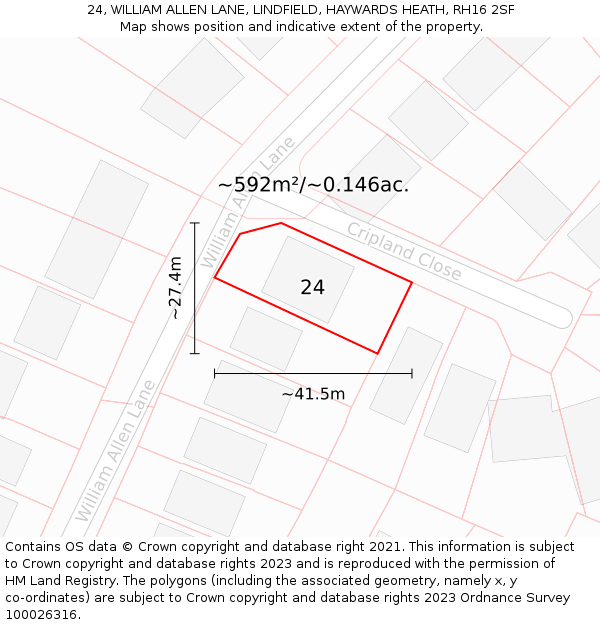 24, WILLIAM ALLEN LANE, LINDFIELD, HAYWARDS HEATH, RH16 2SF: Plot and title map