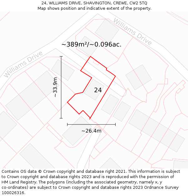 24, WILLIAMS DRIVE, SHAVINGTON, CREWE, CW2 5TQ: Plot and title map