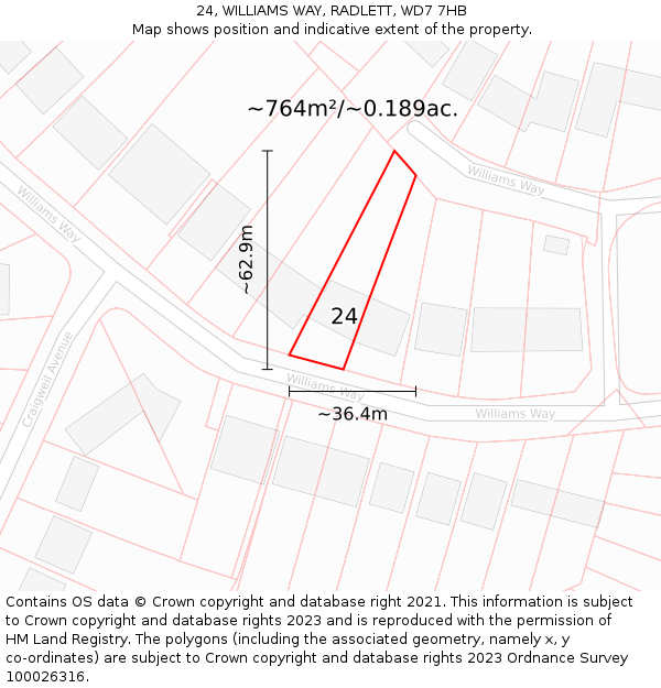 24, WILLIAMS WAY, RADLETT, WD7 7HB: Plot and title map