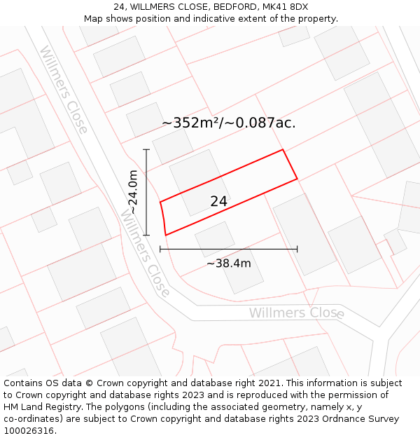 24, WILLMERS CLOSE, BEDFORD, MK41 8DX: Plot and title map