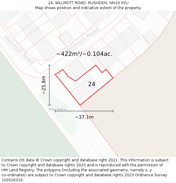 24, WILLMOTT ROAD, RUSHDEN, NN10 0YU: Plot and title map