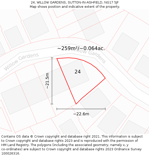 24, WILLOW GARDENS, SUTTON-IN-ASHFIELD, NG17 5JF: Plot and title map