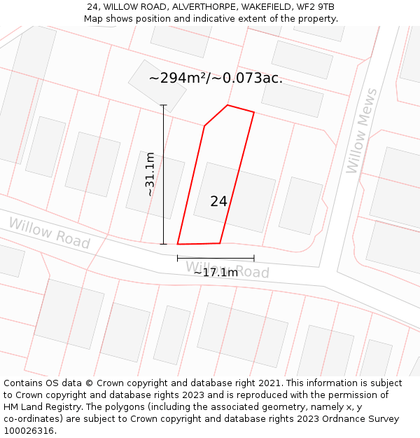 24, WILLOW ROAD, ALVERTHORPE, WAKEFIELD, WF2 9TB: Plot and title map