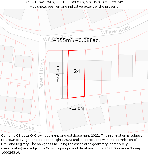 24, WILLOW ROAD, WEST BRIDGFORD, NOTTINGHAM, NG2 7AY: Plot and title map