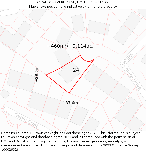 24, WILLOWSMERE DRIVE, LICHFIELD, WS14 9XF: Plot and title map