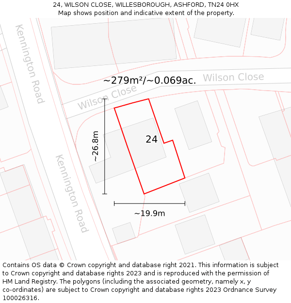 24, WILSON CLOSE, WILLESBOROUGH, ASHFORD, TN24 0HX: Plot and title map