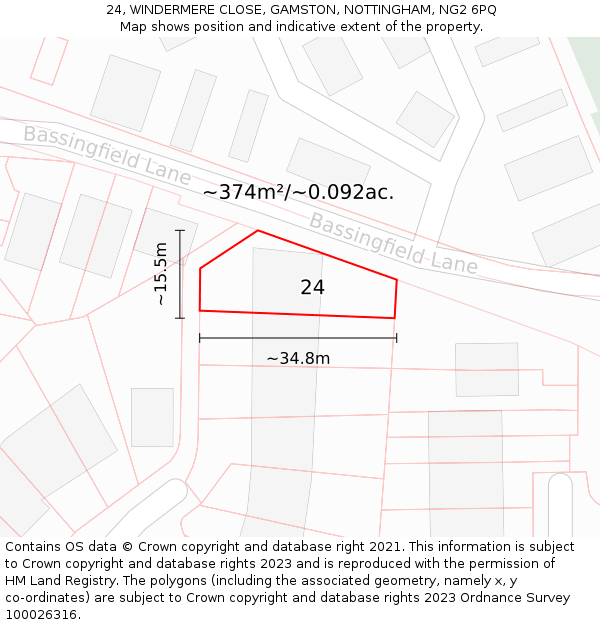 24, WINDERMERE CLOSE, GAMSTON, NOTTINGHAM, NG2 6PQ: Plot and title map