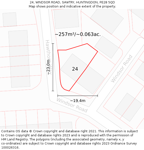 24, WINDSOR ROAD, SAWTRY, HUNTINGDON, PE28 5QD: Plot and title map