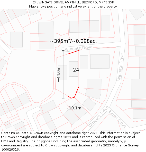 24, WINGATE DRIVE, AMPTHILL, BEDFORD, MK45 2XF: Plot and title map