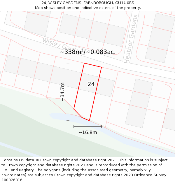 24, WISLEY GARDENS, FARNBOROUGH, GU14 0RS: Plot and title map