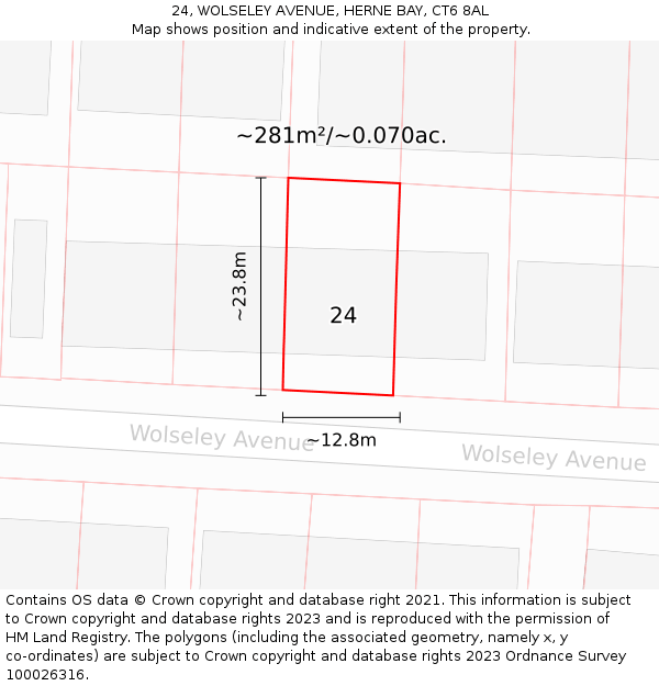 24, WOLSELEY AVENUE, HERNE BAY, CT6 8AL: Plot and title map