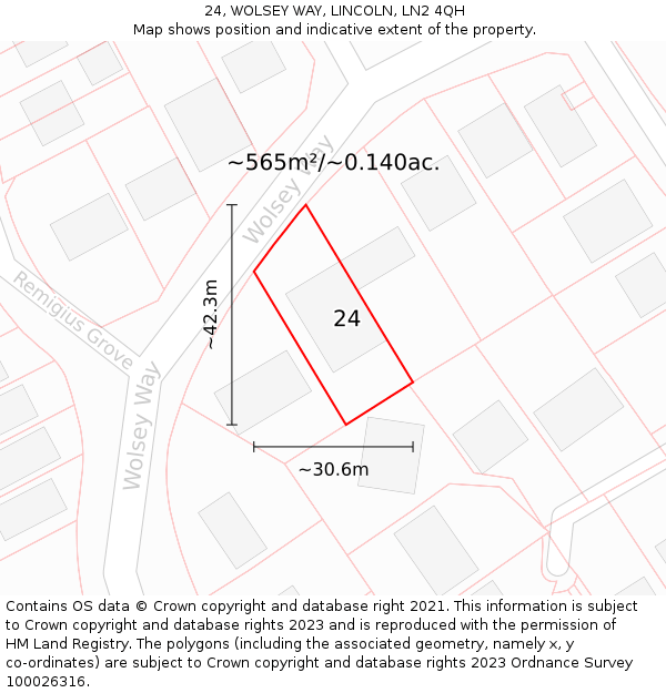 24, WOLSEY WAY, LINCOLN, LN2 4QH: Plot and title map
