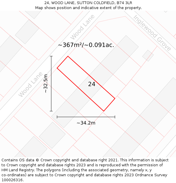 24, WOOD LANE, SUTTON COLDFIELD, B74 3LR: Plot and title map