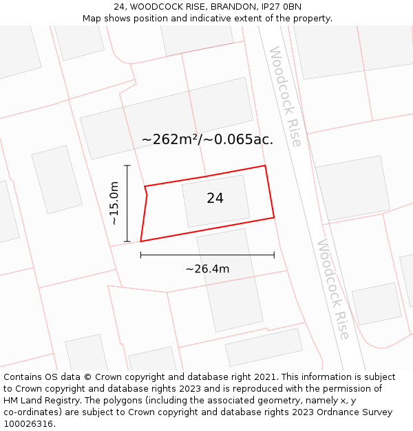 24, WOODCOCK RISE, BRANDON, IP27 0BN: Plot and title map