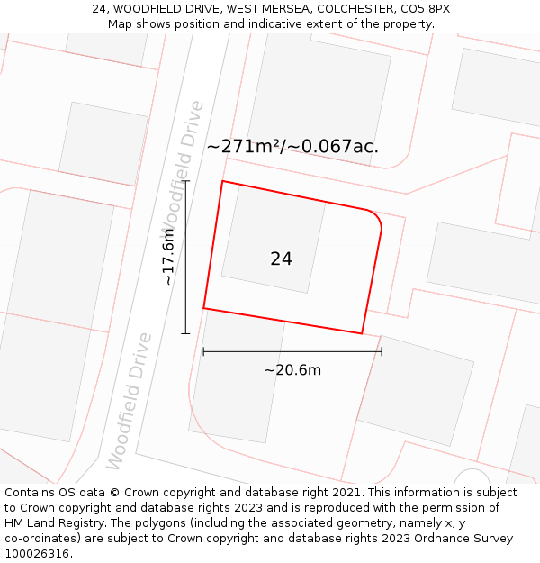 24, WOODFIELD DRIVE, WEST MERSEA, COLCHESTER, CO5 8PX: Plot and title map
