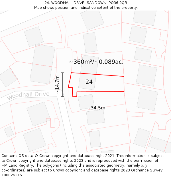 24, WOODHALL DRIVE, SANDOWN, PO36 9QB: Plot and title map