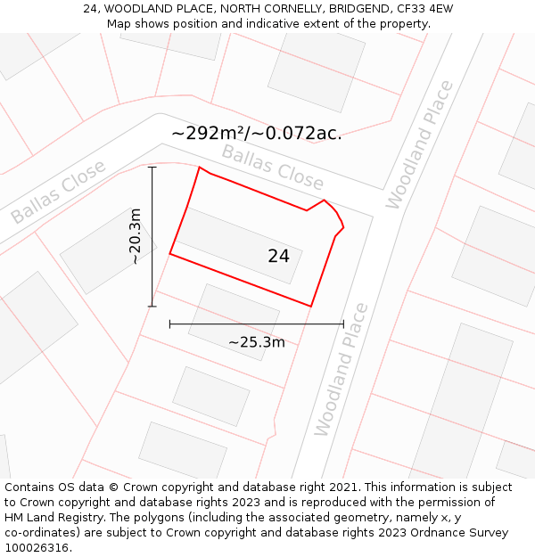 24, WOODLAND PLACE, NORTH CORNELLY, BRIDGEND, CF33 4EW: Plot and title map