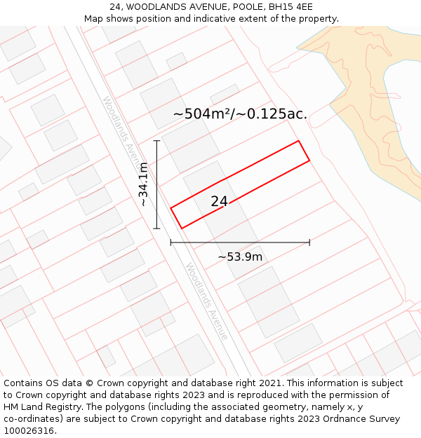 24, WOODLANDS AVENUE, POOLE, BH15 4EE: Plot and title map