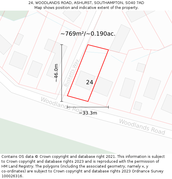 24, WOODLANDS ROAD, ASHURST, SOUTHAMPTON, SO40 7AD: Plot and title map