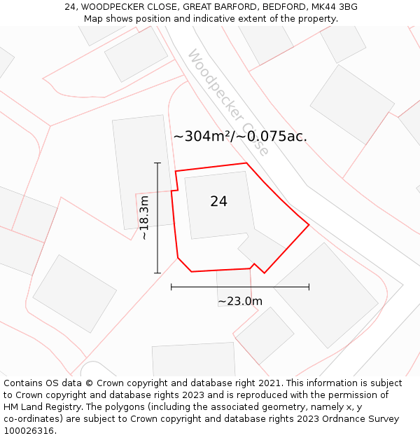 24, WOODPECKER CLOSE, GREAT BARFORD, BEDFORD, MK44 3BG: Plot and title map