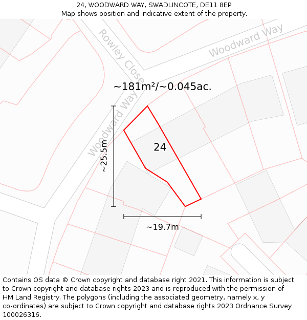 24, WOODWARD WAY, SWADLINCOTE, DE11 8EP: Plot and title map